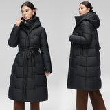 Down Cotton-Padded Jacket Female Long Knee Hooded Cotton-Padded Jacket Female Winter Long Cotton-Padded Jacket Waist Belt Hooded Coat Thick-Outfit