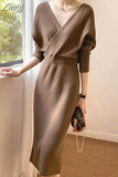 French Casual V-Neck Solid Sweater Knitting Long Sleeve Dress Women Backless Knit Dress Korean Clothing Robe Autumn
