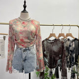 Sunscreen Not Sultry Hot Tie Dye Net Yarn Long-Sleeved T-Shirt Drawstring Tethered With Short-Sized T-Shirt Horn Sleeve Top