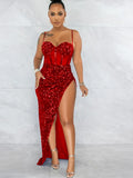 Sexy Gold Sequined High Split Maxi Dress Women Summer Strap Mesh Patchwork Bodycon Clubwear Long
