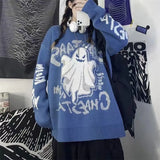Men Women Retro Halloween Sweater Dark Academia Harajuku Student Devil Ghost Loose Knit Gothic Sweater Korean Top Alt
