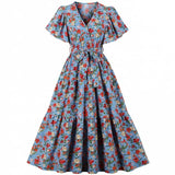 Summer Women Pin Up Flower Print Casual Party Dress Short Sleeve Retro Robe 60s 50s Vintage Rockabilly Swing Dress
