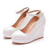 Bottom Heel Single Shoe With White Round Head Waterproof Table Slope Heel Wedding Shoes Pine