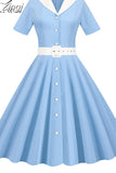 Turn-down Collar Blue Summer Dress Women Elegant Short Sleeve Solid Office Party Midi Sundres A-line High Waist
