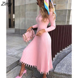 Women Knitted Long Dress Ribbed Elegant Midi Bodycon Sweater Dress Official Ladies Bandage Pleated Dresses