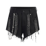 Bandage Denim Shorts With Chain Women High Waist Streetwear Gothic Jeans Mini Black Casual Goth 2022 Fashion Bottoms