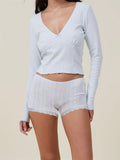 Women Pajama Sets 2pcs Loungewear Suits Solid Long Sleeve V-Neck T-shirts Crop Tops and Lace Shorts Sleepwear