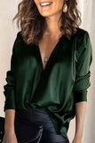 V-neck Solid Chiffon Color Temperament Commute Satin Long-sleeved Green