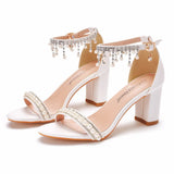 Cm Thick Heel Shallow Mouth With Sandals Round Head Beads Esu On High Heels White Pearl Wedding