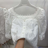 Embroidery Lace Blouse Women Tops Summer Cutout Vintage French Square collar Causal White Shirt Women
