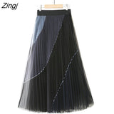 Long Skirt Women Fashion Contrast High Waist A-Line Pleated Skirt Harajuku Korean Style Black Mesh Midi Skirt Faldas
