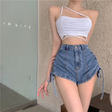 Shorts Jeans Side Drawstring Lacing High Waist Casual Fashion Vintage Self Cultivation Sexy Denim Hot Pants Ladies