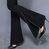 Elegant Women Flare Pants High Quality Elastic Korean Black Split Spring Lady Trousers Fashion High Waist Button Full