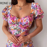 Women Chic Short Lantern Sleeves Ruffles Hem Floral Print Sweet A-line Party Bodycon