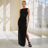 Zingj Women's Sexy Perspective Hook Flower Hollow Knitting Dress Long Skirt Woman-Outfit