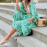 Spot 2025 New Women's Fashion Casual V Neck Long Sleeve Long Print
