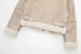 Beige Fur Lining Turn-Down Collar Biker Jacket- Outfit