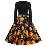 Women Pumpkin Print Party Dress Black Streetwear Gothic Long Sleeve O Neck Vintage Casual Robe Femme Halloween