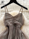Summer Beach Vacation Style Dress Women Elastic Waist Spaghetti Strap Ribbon Irregular Fashion Sexy Slim Long