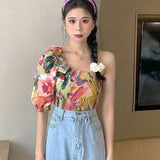 New Women Chiffon Shirt Korean Floral Print Ruffled Irregular Top Slim Short Summer Ladies Blouse