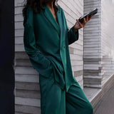 Streetwear Jacket Suits Autumn Long Sleeve Lapel Cardigan + Loose Draped Pants Women Sexy Deep V Button-up Two Piece