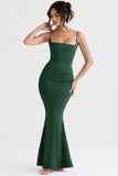 Green Satin Strappy Corset Maxi Dress-Outfit