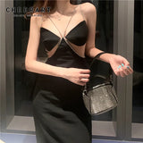 Sexy Backless Spaghetti Strap Rhinestone Dress Women Summer Black Tunics Long Midi Ladies Sexy Club Dress Fashion