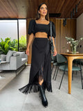 Elegant Two Piece Set for Women 2023 Casual Tassel Retro Women's Clothing Puff Sleeve Short Top Long Skirt Women's