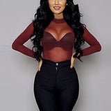 Women T Shirt See Through Transparent Mesh Tops Long Sleeve Sheer Slim Ladies Turtleneck