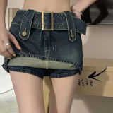 Vintage Women Korean Button Belted Short Denim Mini Skirts Aesthetic Fairy Grunge High Waiste Jeans A-line Skirt Alt