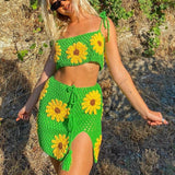 Floral Crochet Crop Cami Top and High Waist Split Skirt Summer Knitted Suit Beach Vacation Two Piece Set Women