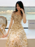Floral Print Dress Women Summer Elegant Party Midi Dress Casual Puff Sleeve Holiday Lady Dedigner Chic Korean Dress