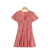 Zingj New Women's Dress With Deep V-Collar Print Dress With Short Sleeves, High Waist And Broken Flowers In