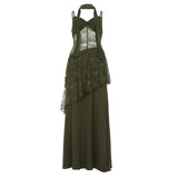 Lace Splicing Perspective To Close Waist-Skinny Sling Dress Long With Round Neck