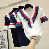 Short-sleeved Knitted Sweater Female Stitching Slim Button Color Matching V-neck Sweater Pullover Women Spring