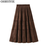 Solid Color Female Vintage Long Velvet Pleated Skirt Women Autumn Winter Elegant Fashion Ladies High Waist A line