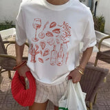 Retro Italian Seafood Print T-Shirt- Outfit