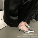 Zingj / Summer 2023 New Belt Buckle Tip Fine Heel Middle Heel Empty Head Sandal Temperament Rivet Low Heel Single Shoe Women-Outfit
