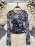 Europe Long sleeved Mesh Sheer T-shirt Fashion Skinny Temperament Office Lady Blouse O Neck Pleated Tie Dye Print