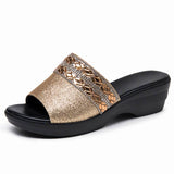 Women Slippers Shoes Genuine Leather Slip on Outside Slides Ladies Fashion Wedges Summer Beach thick sole Flip