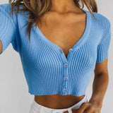 Sexy Women Button Knitted Short Sleeve Korean Style Ribbed Summer Crop Top clothes tshirt shirt vintage t-shirt