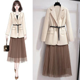 Spring Fashion Office Ladies 2pcs Suit Women Sashes V Neck Blazer Jacket Coat+Mesh Pleated Long Skirt Korean Two Pieces