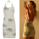 Floral Print Backless Sexy Knitted Dress Split Side Party Bodycon Long Dress Robe Vintage Skinny Fashion