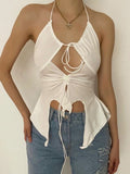 Sexy Ruffles Cut Out White Tank Tops Women Y2K Fashion Bandage Hollow Out Halter Tops Solid Shirring Crop Vest Tee