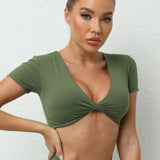 V-neck Sporty T-Shirts Women Sportswear Gym Sport Shirts Short Sleeve Top for Fitness Workout Clothing Female Yoga Crop