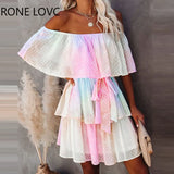 Women Slash Neck Gradient Off Shoulder Ruffles Dress Elegant Fashion Chic
