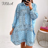 2021 Long Sleeve Shirt Dress Print Women Blue Oversized Autumn Beach Sexy Loose Vintage Fashion Mini 90s Casual