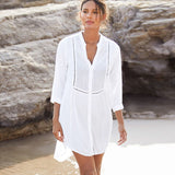 Queens Vintage Women Solid V-neck Long Sleeve Hollow Out Beach Mini Dress Ladies White Boho Dresses