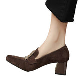 Fragrant Wind Frosted Skin Square Button Water Diamond Rough Heel Single Shoes Female Retro Square Head Middle Heel Loafers Shallow Mouth And Velvet Women's