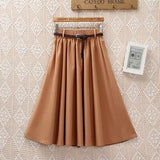 Knee Length Summer Skirt Women With Belt 2019 Fashion Korean Ladies High Waist Pleated A-line School Skirt